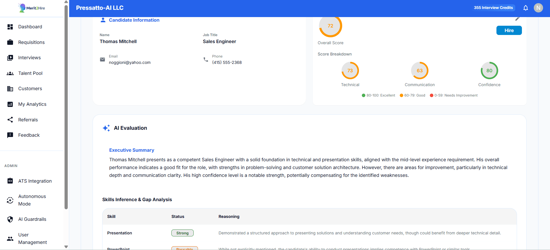 Merit2Hire application interface